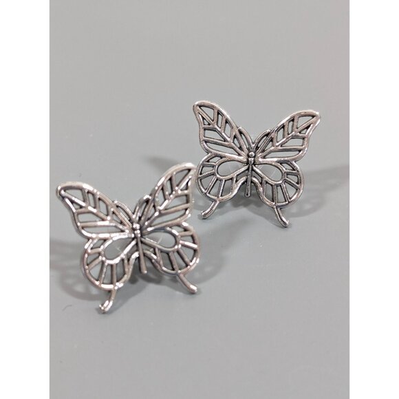 Silver Tone Open metal Work Butterfly Pierced Earrings Boho Western Retro - Picture 2 of 9